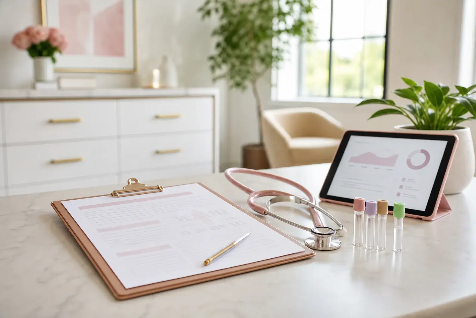 Hormone replacement therapy consultation setup with lab tubes and wellness intake paperwork