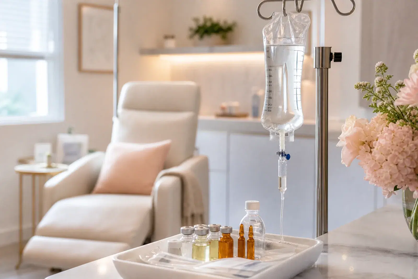 Specialty IV therapy setup in a calm boutique wellness clinic treatment room